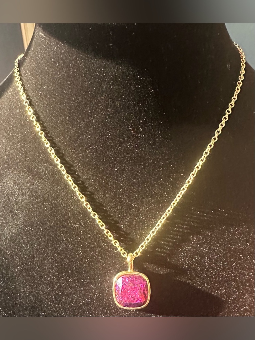 Liz Claiborne Signed Glitter Pink Small Square Pendant with Gold Chain Necklace